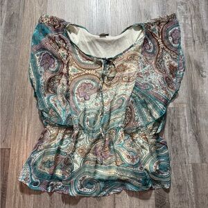 Blue and Brown Sleeveless Ruffled Tie Front Blouse
